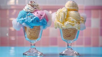 Two colorful ice cream sundaes in glasses with toppings and sprinkles. photo