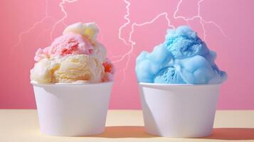 Two colorful ice cream scoops in white cups against a pink background with lightning effects. photo