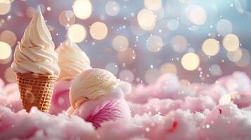 A delightful scene featuring ice cream cones and scoops amidst a dreamy, festive background. photo