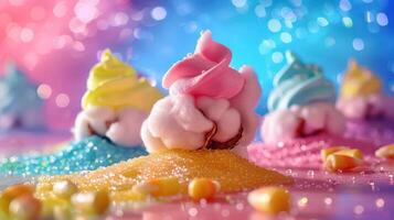 Colorful ice cream cones with pastel swirls on a vibrant, sparkling background. photo