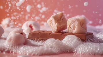 Chocolate bar with pink marshmallow cubes surrounded by bubbles on a gradient background. photo