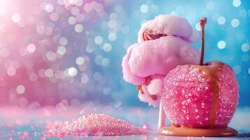 A colorful display of cotton candy and a caramel-coated apple with a sparkling background. photo