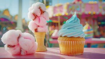 A colorful display of cotton candy and a cupcake on a festive table. photo