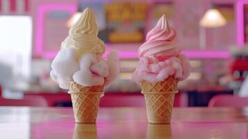 Two colorful ice cream cones topped with fluffy swirls, set in a vibrant ice cream parlor. photo