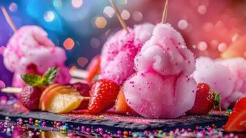 Colorful cotton candy on skewers surrounded by fresh fruits, creating a festive dessert display. photo