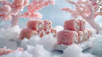 A whimsical display of sushi rolls surrounded by soft, fluffy textures and pastel colors. photo