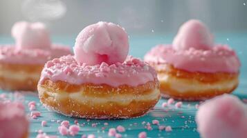 A colorful display of pink frosted donuts topped with cotton candy and sprinkles. photo