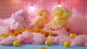 A colorful display of cotton candy and nachos, creating a fun and festive atmosphere. photo