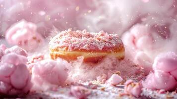 A whimsical donut surrounded by pink cotton candy and soft textures in a dreamy setting. photo