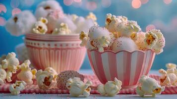 A colorful display of popcorn and cotton candy in striped bowls, evoking a festive atmosphere. photo