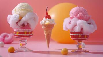 Three colorful ice cream desserts on a pink background with a playful atmosphere. photo