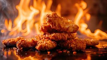Crispy fried chicken pieces stacked against a backdrop of flames and smoke. photo