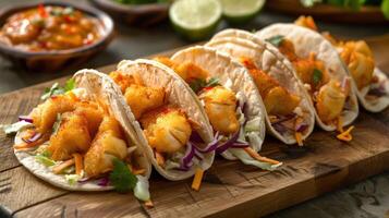 A delicious display of fish tacos with colorful toppings on a wooden board. photo