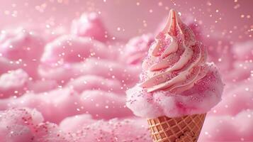 A whimsical ice cream cone topped with pink swirl and sprinkles against a soft pink background. photo