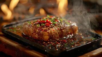 A sizzling steak on a hot plate garnished with herbs and spices, creating an appetizing scene. photo