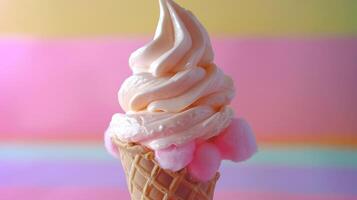A soft-serve ice cream cone topped with pink cotton candy against a colorful background. photo