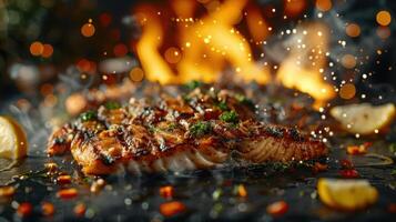 A beautifully grilled salmon fillet garnished with herbs and lemon slices, set against a smoky backdrop. photo