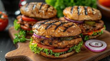 Three grilled chicken sandwiches with fresh vegetables on a wooden board. photo