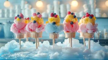 Colorful ice cream cones displayed with vibrant toppings in a playful setting. photo