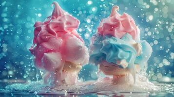 Two colorful ice cream cones with swirls and bubbles against a dreamy background. photo