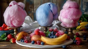 A colorful display of cotton candy and fresh fruits on a rustic table. photo