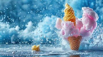 A vibrant ice cream cone splashes in water, showcasing a playful and refreshing scene. photo