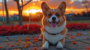 A happy corgi lying on a path with colorful berries, set against a vibrant sunset. photo