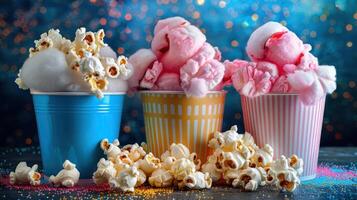 Colorful cups filled with cotton candy and popcorn create a fun, festive atmosphere. photo