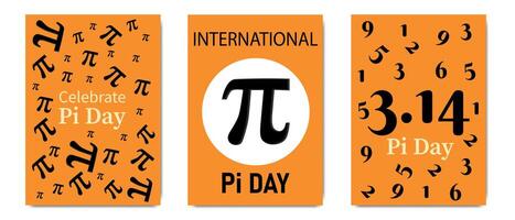 Three Pi Day celebration posters with mathematical symbols, numbers, and typography on an orange background representing March 14. vector