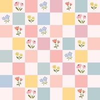 Cute spring seamess pattern checkered pastel backdrop with different springtime flower simple doodles. Beautiful Easter print wallpaper vector
