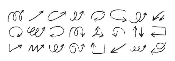 Hand drawn grunge ink textured arrows sketch set. Various different pointers collection isolated on white background vector