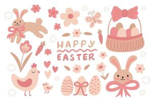 Happy Easter - set of simple hand drawn spring elements - cute bunny with ribbon bow, eggs, hen and chick, flowers doodles. Pink color palette. vector