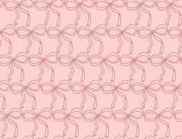 Coquette seamless pattern background with cute bow with long ribbon. Contour line outline hand drawn repeat minimalist red print over pink backdrop vector