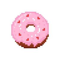 Pixel donut with pink glaze and heart-shaped sprinkles isolated on a white background. vector