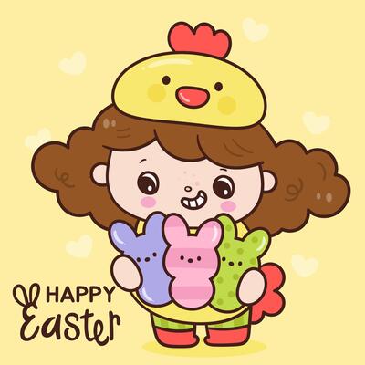 Chick cute girl hug easter peeps bunny rabbit kawaii card