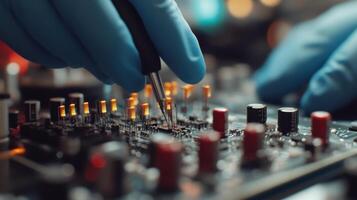 Technicians assembling circuit board with precision tools photo