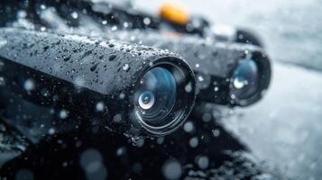 Close up of wet high tech camera lens in action photo