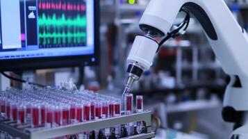 Robotic arm analyzing blood samples in laboratory photo