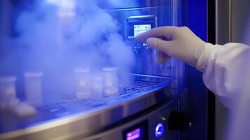 Scientist handling cryogenic samples in laboratory photo