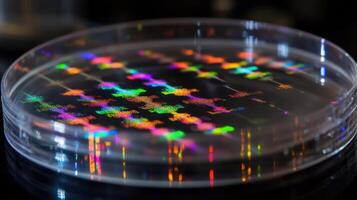 Vibrant light patterns on petri dish surface photo
