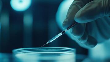 Scientist injecting liquid with syringe in petri dish in laboratory photo