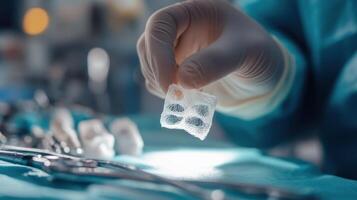 Gloved hand holding medical mesh in surgical setting photo