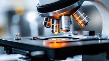 Close up view of microscope lenses in laboratory setting photo