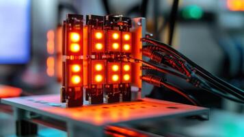 Glowing circuit boards in a tech lab setting photo