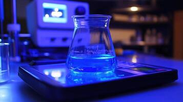 Erlenmeyer flask containing blue liquid sitting on electronic scale in laboratory setting photo