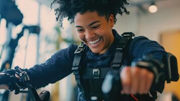Smiling scientist testing advanced exoskeleton technology photo