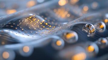 Illuminated droplets on metallic surface creating abstract pattern photo