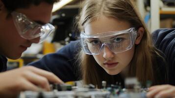 Young engineers collaborating on circuit board project photo
