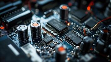 Close up of electronic circuit board components photo