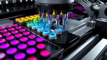 Advanced robotic system filling colorful vials photo